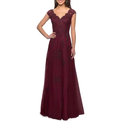 La Femme Short Sleeve Lace Gown With Cascading Embellishments In Burgundy