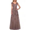 La Femme Short Sleeve Lace Gown With Cascading Embellishments In Cocoa