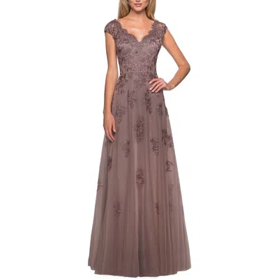 La Femme Short Sleeve Lace Gown With Cascading Embellishments In Cocoa