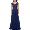 La Femme Short Sleeve Lace Gown With Cascading Embellishments In Marine Blue
