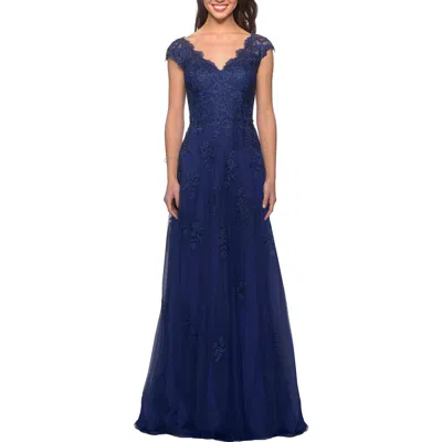 La Femme Short Sleeve Lace Gown With Cascading Embellishments In Marine Blue