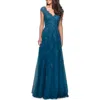 La Femme Short Sleeve Lace Gown With Cascading Embellishments In Teal