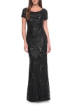 La Femme Short Sleeve Print Sequin Evening Dress In Black