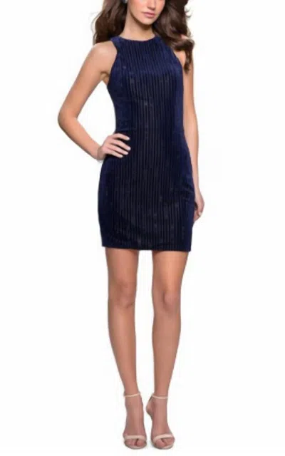 La Femme Short Velvet Dress In Navy In Blue