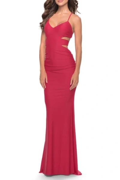 La Femme Side Cut Out Jersey Dress With Strappy Back In Red