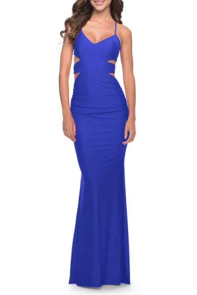 La Femme Side Cut Out Jersey Dress With Strappy Back In Royal Blue