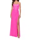 La Femme Elegant Jersey Dress With Ruching And Square Neckline