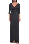 La Femme Simple Chic Jersey Dress With Ruched Waist And V Neckline In Charcoal