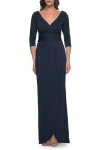 La Femme Simple Chic Jersey Dress With Ruched Waist And V Neckline In Navy