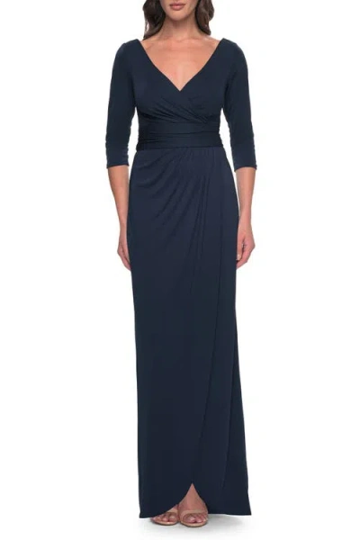 La Femme Simple Chic Jersey Dress With Ruched Waist And V Neckline In Navy
