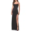 La Femme Simple Chic Long Jersey Gown With Square Neckline In Black
