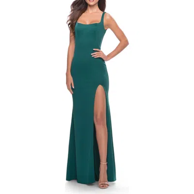 La Femme Simple Chic Long Jersey Gown With Square Neckline In Emerald