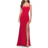 La Femme Simple Chic Long Jersey Gown With Square Neckline In Red