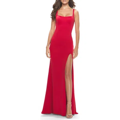 La Femme Simple Chic Long Jersey Gown With Square Neckline In Red