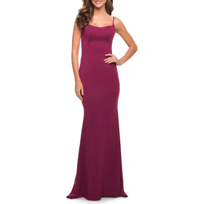 La Femme Simple Elegant Long Jersey Dress With Scoop Neck In Burgundy