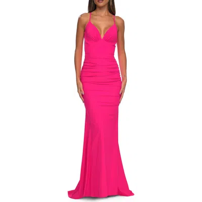 La Femme Simple Jersey Dress With Low Open Back And Ruched Zipper