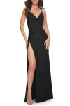 La Femme Simple Jersey Dress With Ruching And Slit In Black