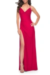 La Femme Simple Jersey Dress With Ruching And Slit In Red