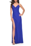 La Femme Net Jersey Ruched Prom Dress With Illusion Bodice In Royal Blue