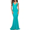 La Femme Simple Jersey Gown With Flattering Ruching In Aqua