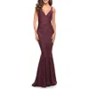 La Femme Simple Jersey Gown With Flattering Ruching In Dark Wine