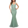La Femme Simple Jersey Gown With Flattering Ruching In Sage
