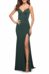 La Femme Simple Jersey Gown With V Neckline And Slit In Dark Emerald