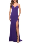 La Femme Simple Jersey Gown With V Neckline And Slit In Purple