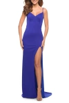 La Femme Net Jersey Ruched Prom Dress With Illusion Bodice In Royal Blue