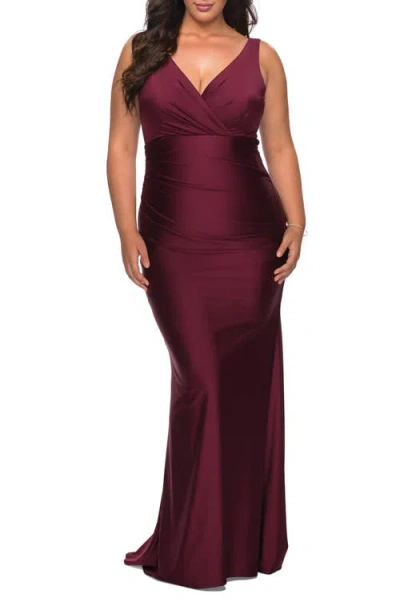 La Femme Simple Jersey Plus Size Gown With Faux Wrap Bodice In Dark Berry