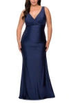 La Femme Simple Jersey Plus Size Gown With Faux Wrap Bodice In Navy
