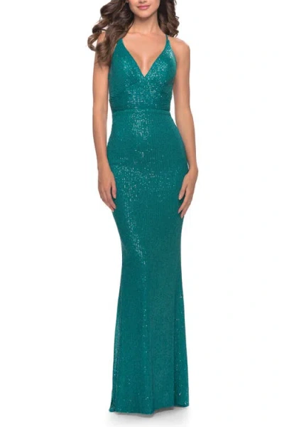 LA FEMME LA FEMME SIMPLE LINE SEQUIN DRESS WITH LACE UP BACK