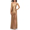 La Femme Simple One Shoulder Liquid Jersey Dress In Bronze