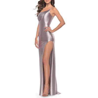 La Femme Simple One Shoulder Liquid Jersey Dress In Silver
