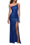 La Femme One-shoulder Sequin Jersey Gown In Royal Blue