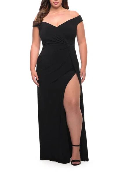 La Femme Simple Plus Size Jersey Off The Shoulder Dress In Black
