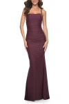 La Femme Simple Ruched Jersey Dress With Lace Up Back In Wine