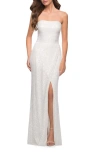 La Femme Simple Sequin Strapless Dress With Faux Wrap Skirt In White