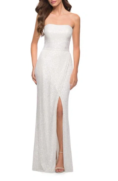 La Femme Simple Sequin Strapless Dress With Faux Wrap Skirt In White