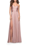La Femme Simple Strapless Jersey Dress With High Slit In Mauve