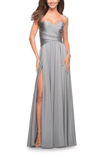 La Femme Simple Strapless Jersey Dress In Silver