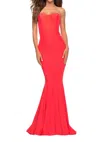 La Femme Simple Strapless Long Gown Dress In Hot Coral In Red