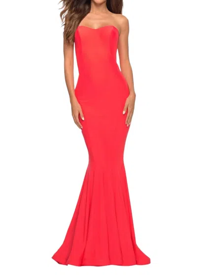 La Femme Simple Strapless Long Gown Dress In Hot Coral In Red