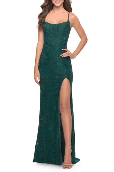 La Femme Simple Stretch Lace Dress With Slit
