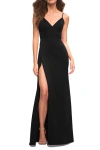 La Femme Simple Thick Jersey Gown With High Skirt Slit In Black