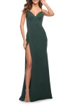La Femme Simple Thick Jersey Gown With High Skirt Slit In Emerald