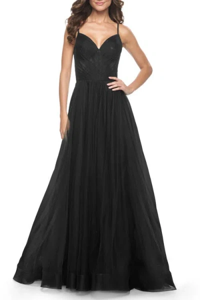La Femme Simple Tulle A-line Prom Dress With Ruched Illusion Bodice