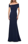 La Femme Simply Chic Off The Shoulder Jersey Gown In Navy