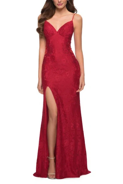 La Femme Sleek Lace Long Dress With Sheer Sides And Open Back