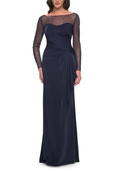 La Femme Sleek Long Evening Dress With Ruching And Illusion Top In Blue